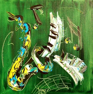 Modern Abstract SAX ON GREEN Original Oil Painting IMPRESSIONIST NEfRG - Picture 1 of 12
