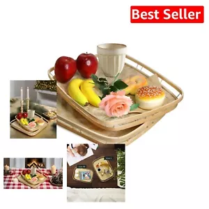 Eco-Friendly Bamboo Wicker Breakfast Trays - Handwoven Serving Platters Set of 2 - Picture 1 of 10
