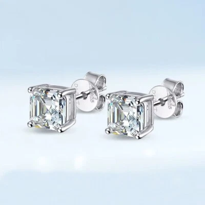 1ct Asscher Cut Moissanite Stud Earrings Men S925 Silver 18K White Gold Plated - Image 1 of 4