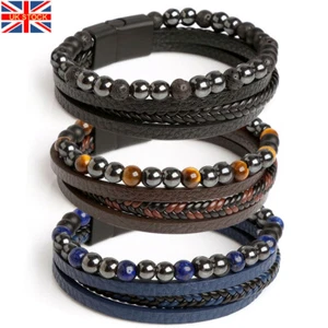 Mens Braided Surfer Wristband Leather Bracelet Bangle Wrap Wristband UK - Picture 1 of 15