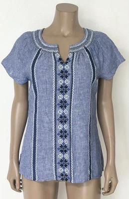 Top Pullover Talbots Mujer MP Azul Lino Bordado Floral Cuello en V Preppy Playa Foto 1 de 4