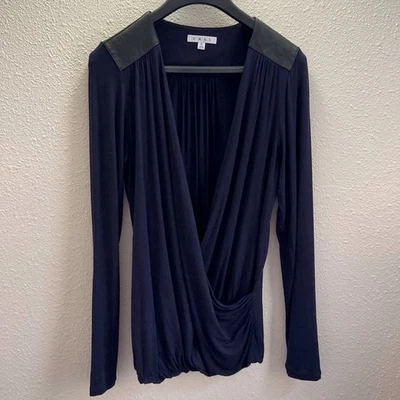 CAbi Women Blue Wrap Style Faux Leather Trim Long Sleeve Blouse Size M - Image 1 of 4