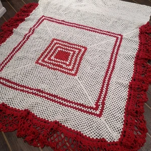 Red White Bedspread Vintage Knitted Crochet Double Bed Blanket Throw - Picture 1 of 10