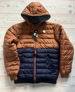Billabong Men Size L Puffer Winter Jacket Hooded Reversible Brown/Navy Cuffed - Picture 1 of 16