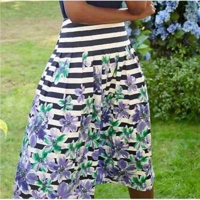 TALBOTS Woman White, Navy & Purple Striped Floral A-Line Skirt NWT | Size 18W - Image 1 of 4