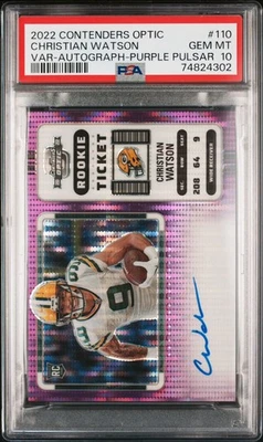 Autógrafos Panini Rookie 2022 Christian Watson Purple Pulsar PSA 10 GEM MT 15/21 Foto 1 de 2