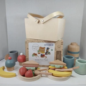 Wonder Wise 29 Pezzi Playset Picnic in Legno Bottiglia Acqua Frutta/Verdura Set Nuovo - Foto 1 di 7
