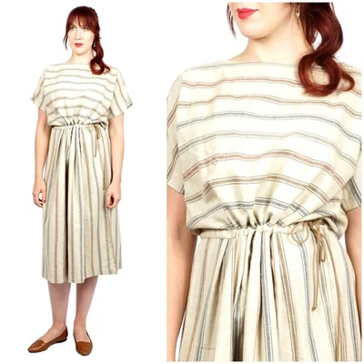 Vestido Marimekko Deadstock Nuevo con Etiquetas De Colección Años 80/90 Suave Avena Rayas Manga Corta  Foto 1 de 4