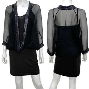 Analili Blouson Silk Overlay Top Sequin Fitted Slip Mini Dress in Black Size S - Picture 1 of 12