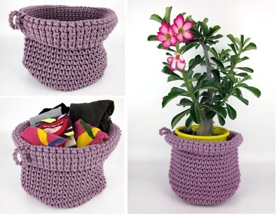 Crochet Storage Basket Round Folded Elderberry Pink Planter Woven Basket - Image 1 of 4
