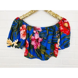 Neu ohne Etikett Cupcakes und Kaschmir Leinen schulterfrei Blumenmuster Puffärmel bauchfreies Oberteil Medium - Bild 1 von 5