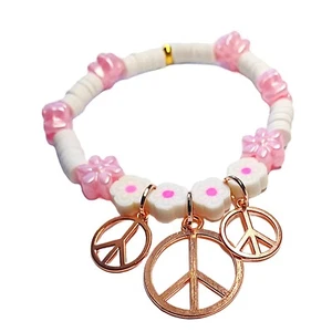 Fashionable White and Pink Beaded Bracelet-Peace Sign Charms - Picture 1 of 3