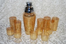 Vintage Gold Band Cocktail Shaker & 2 Glasses Sets~ Antique Art Deco Barware