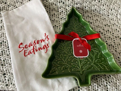 Hallmark Embossed Christmas Tree Holly Candy Nut Serving Dish & Tea Towel NEW - Image 1 of 4