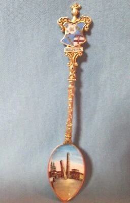 Cuchara de plata vintage Bolonia Italia escénica 1909 con mango esmaltado y cuenco Foto 1 de 4