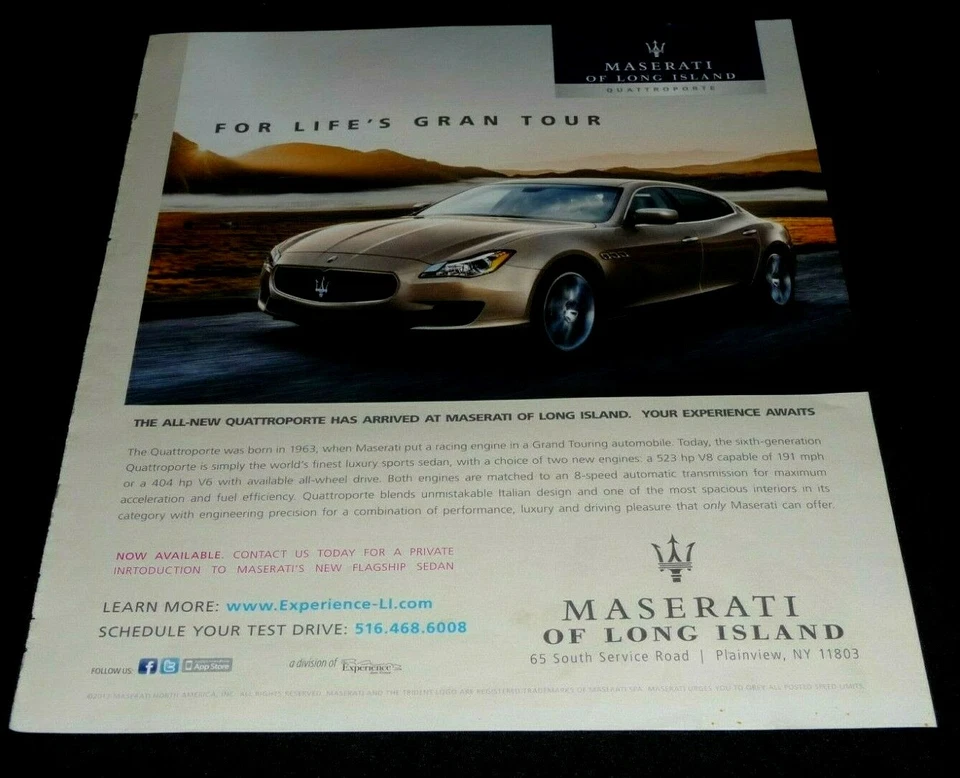 MASERATI QUATTROPORTE SPORTS CAR ADVERTISEMENT-2013 FOR LIFE'S GRAN TOUR - Image 1 of 1