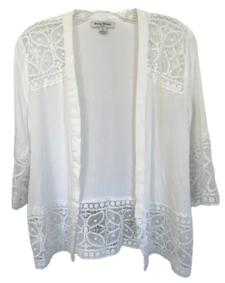 Cárdigan para mujer Studio Works frente abierto ribete de encaje manga 3/4 pequeño talla S blanco Foto 1 de 4