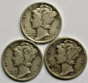 1935 PDS three Mercury Dimes circulated 90% Silver Very Good VG to Very Fine VF - Picture 1 of 2