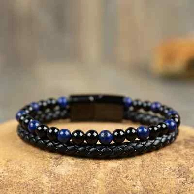 Pulsera magnética trenzada de cuero de piedra de obsidiana natural y lapislázuli para hombre Foto 1 de 3
