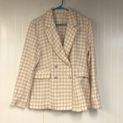 Maurices Womens Medium Pink Plaid Boucle Double Breasted Blazer Jacket Coat - Image 1 of 4