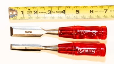 Lot of 2 - Vintage Fuller 1/2" & 3/4" Bevel Edge Bench Chisels Red Handles Japan - Image 1 of 4