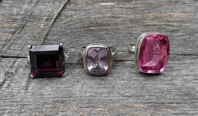 (3) Ladies Sterling Silver Fashion Rings Shades of Purple/Pink Stones All Size 8 - Image 1 of 4