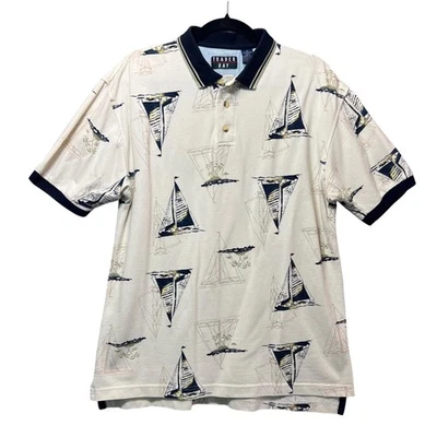 Camisa Polo Vintage Años 90 Trader Bay Estampado Náutico Velero Beige Azul Talla M Foto 1 de 4