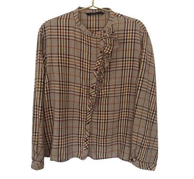 Blusa Zara Cuadros Volantes XL Marrón Botón Frontal Manga Larga Otoño Preppy Academia Foto 1 de 4