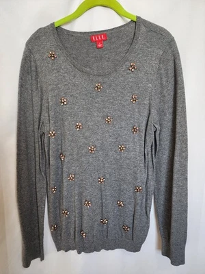 Suéter cinza tão fofo rosa strass flores espalhadas pela frente ELLE tamanho G - Imagem 1 de 4