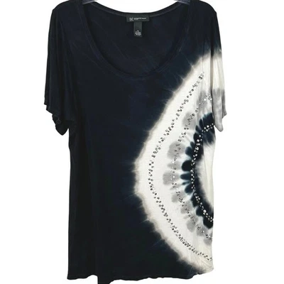 INC Women Short Sleeve Tie Dye Sequin Tshirt Top Boho Hippie Casual Blue Size 1X - Image 1 of 4