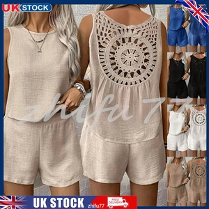 2Pcs Ladies Tracksuit Summer Hollow Lace Vest Tops Shirts Shorts Co Ord Set SIZE - Picture 1 of 29