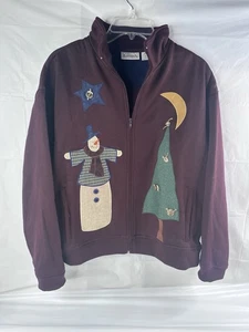 Primitive Snowman Ugly Christmas Tree Sweater Zip Up Folk Art Teacher Sz L - Picture 1 of 8