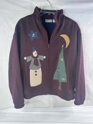 Primitive Snowman Ugly Christmas Tree Sweater Zip Up Folk Art Teacher Sz L - Image 1 of 4
