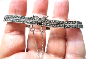 Sterling 925 Stamped, Vintage, Marcasites, Link Bracelet/With Security Chain. - Picture 1 of 5