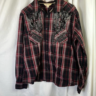 Decree Shirt Adult XL Black & Red Plaid Snap Button Up Western Mens READ - Image 1 of 4