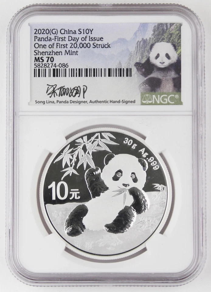 China 2020 30 Gram Silver Panda 10 Yuan Coin NGC MS70 First Day Designer Signed - Image 1 of 2
