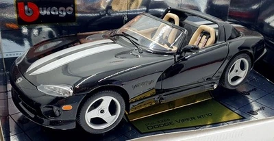 Burago 1/18 Scale Diecast 3365 Dodge Viper RT/10 1993 Black with Silver Stripes - Image 1 of 4