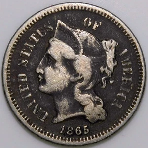 Moneda de 3 centavos tipo níquel 1865 era de la Guerra Civil i893 - Imagen 1 de 2