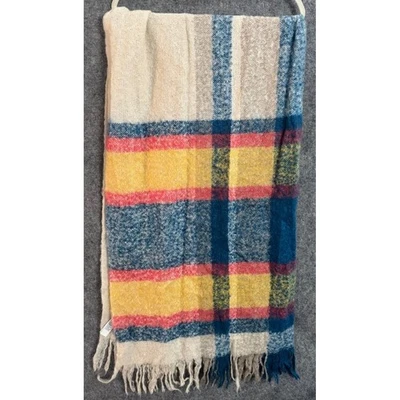 Bufanda con flecos a cuadros American Eagle azul amarillo rojo crema mezcla de lana de gran tamaño Foto 1 de 4