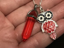 Tibetan Silver 18" Necklace R2 Owls Red W/Hexagone Red Quartz Charm