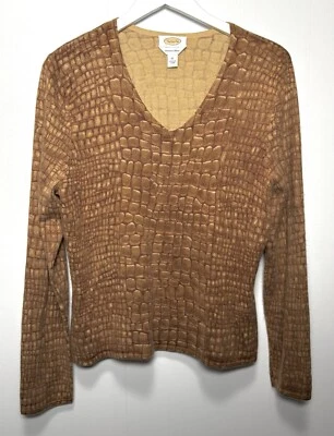 Talbots XL Cashmere Silk Sweater Brown Croc Print V-Neck Animal Pullover - Image 1 of 4