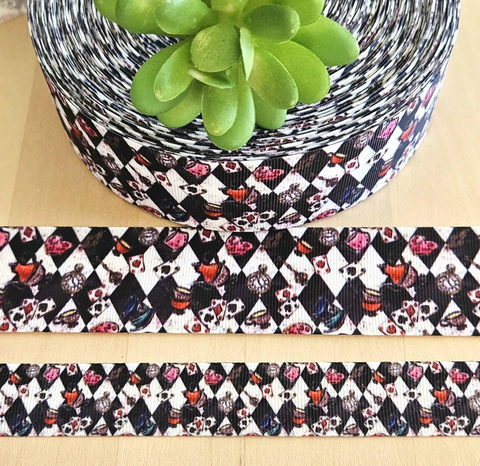 7/8 & 1.5" (1 YD) Alice in Wonderland Grosgrain Ribbon Playing Cards Harlequin - Image 1 of 1