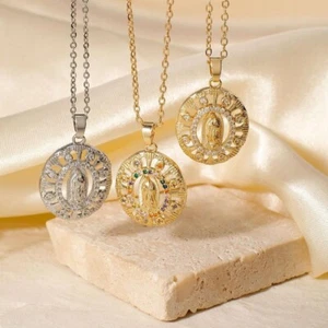 Gold Plated CS Zirconia Guadalupe Virgin Mary Necklace Pendant Multicolor N33 - Picture 1 of 7