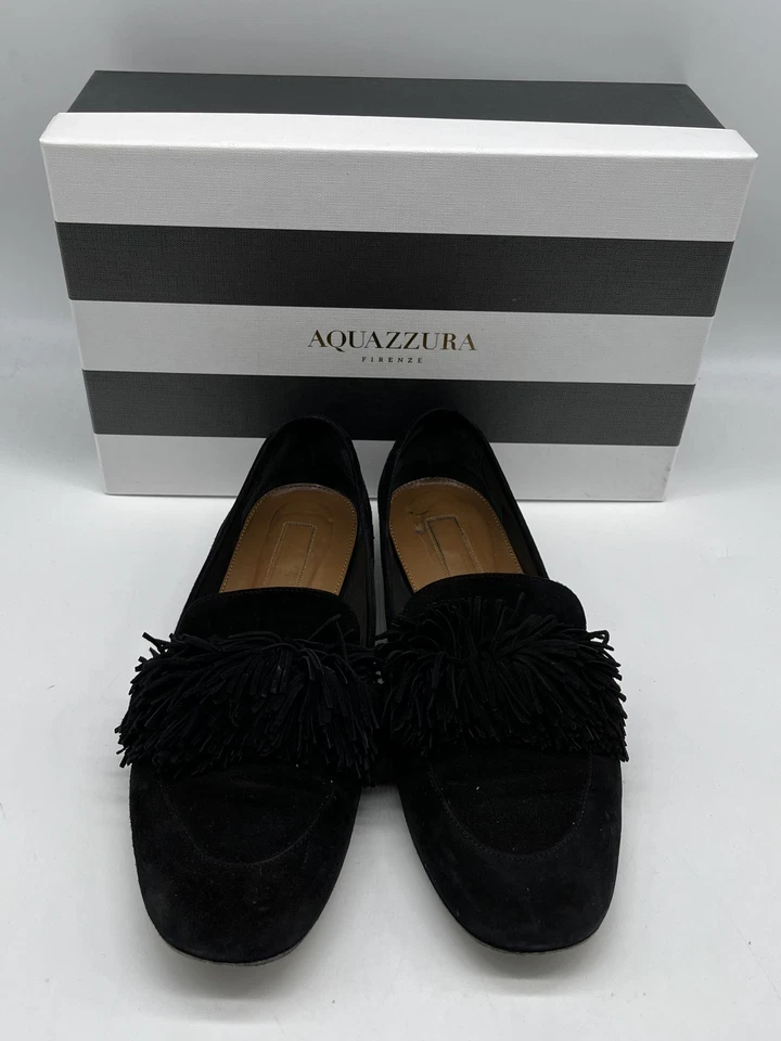 Mocasín plano Aquazzura negro 'salvaje' con flecos en gamuza talla 37,5 Foto 1 de 4