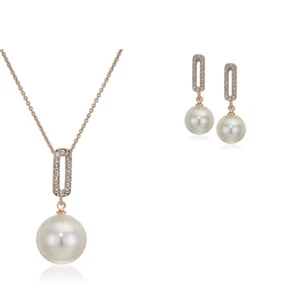 Crystalline Azuria Simulated White Pearls Earrings Necklace Rose Gold Plated NEW - Picture 1 of 3