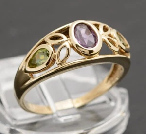 9ct Yellow Gold Trilogy Ring With Natural Amethyst Gemstone & 2 Peridots Size M - Picture 1 of 12