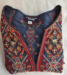 JOHNNY WAS Workshop Atzia Paris Blue Embroidered Dress XS Boho Peasant - Picture 1 of 10