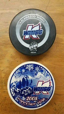 Kalamazoo Wings Hockey Pucks - Happy New year 2008 & Black Sponsor Puck -  #2A5 Cover