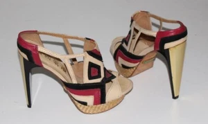 L.A.M.B. 6 M Ivory Black Pink Slides 4.7" Heel Raffia Platform Leather Soles - Picture 1 of 11