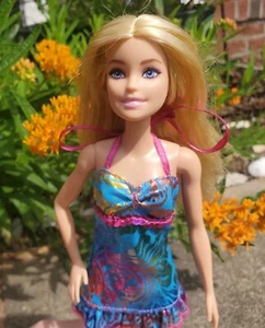 barbie  Tropical Floral  Pink Blue Ruffle Hem Sweetheart Neckline Halter Dress - Picture 1 of 9